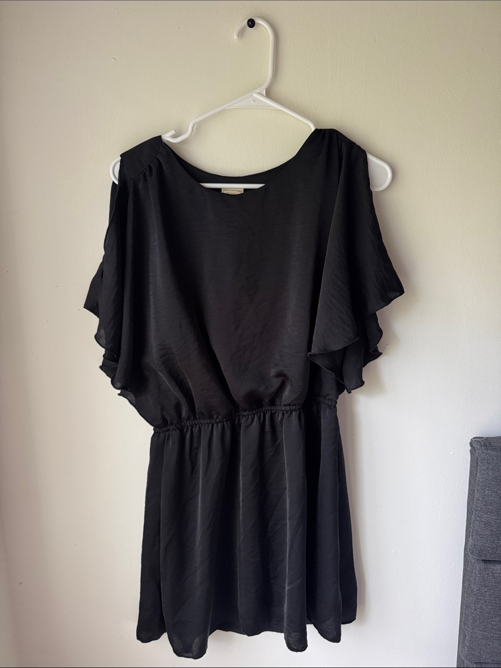 Black Flutter-Sleeve Mini Dress with Elastic Waist